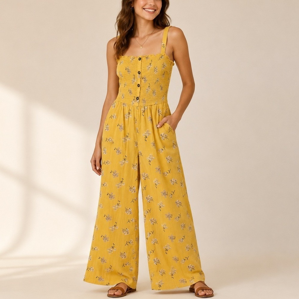 Hollister Jumpsuit Yellow Floral Smocked Wide Leg M Boho Summer Casual Beachy